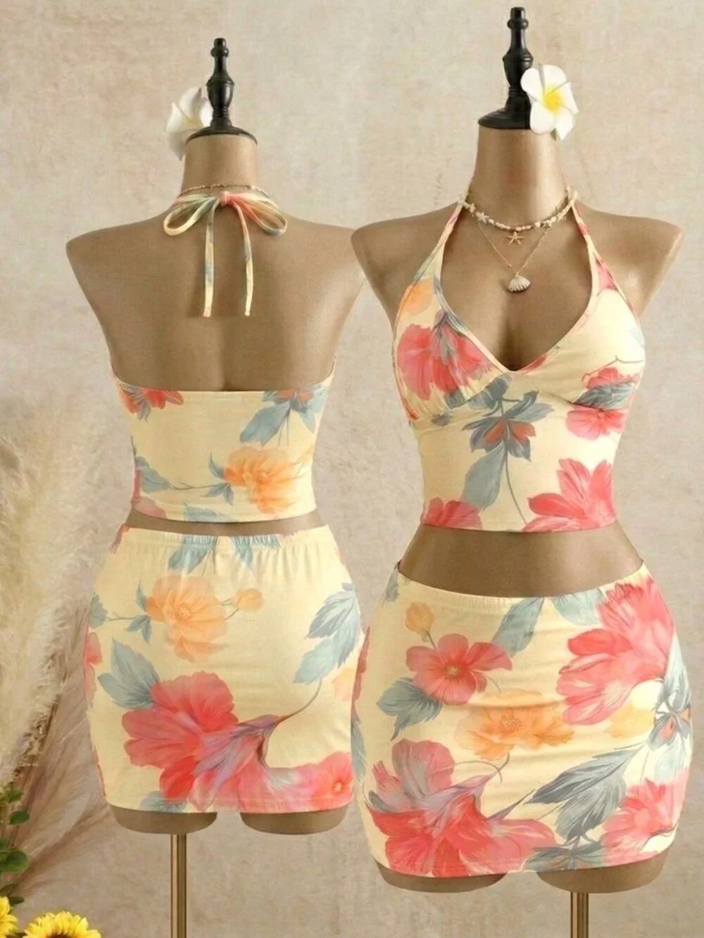 Multicolor Boho Women's Floral Spaghetti Strap Crop Top & Bodycon Mini Skirt Set